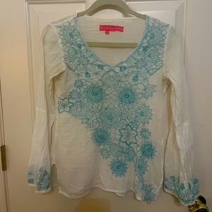 Linen cover up top tunic white blue xs 0 2 anthropology urban outfitters